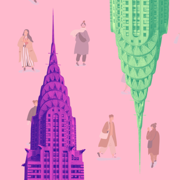 Two large bright, juxtaposed multi-colored images of the Chrysler Buildings with stylish drawings of fashionable people in the background.